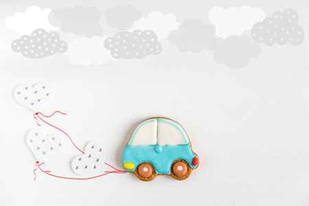 Frame for birthday greeting card. Postcard for 1.2.3.4.5 year. Children banner with a typewriter and balloons. Background for baby bannerの写真素材