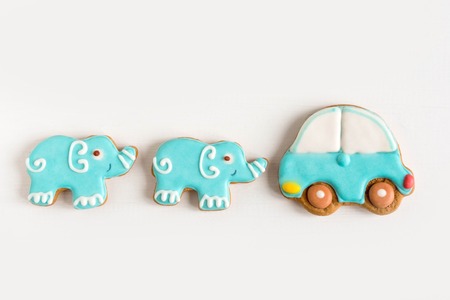 Background for a banner with elephants and car. Children banner. Frame for greeting card newborn...