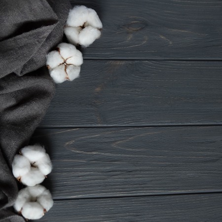 Background for a banner with natural cotton flowers and dry lotus. Gray fabric with cotton flowers.の写真素材