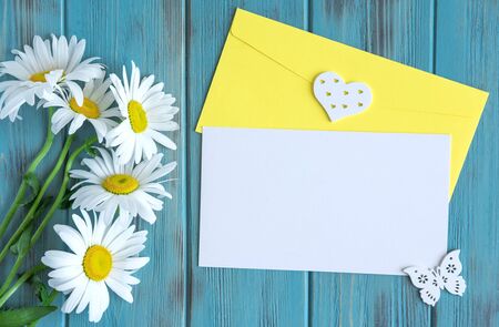 Chamomile close-up with the layout of the mailing envelope for sending a promotional code. Daisies on a blue wooden backgroundの写真素材