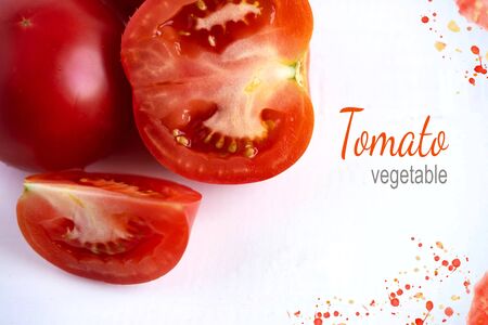 Close-up tomato in a cut on a light background. White background with vegetables. View from above.の写真素材