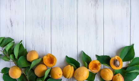 Background with apricots. Photo of fresh apricot with green leaves and place for copy space on a...