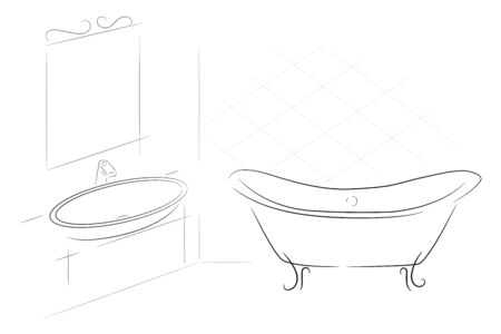 Bathroom interior in lines. Vector bathroom in lines for banner.のイラスト素材