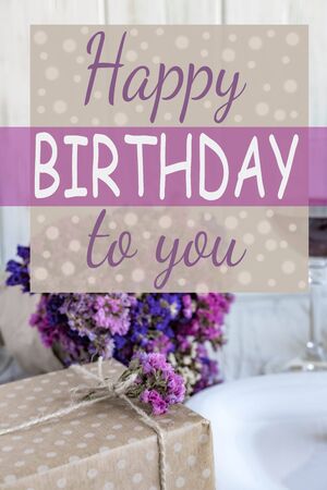 Happy Birthday to You. Greeting card with gift box on a white wooden background. Birthday Greeting Card for E-mail Newsletterの写真素材