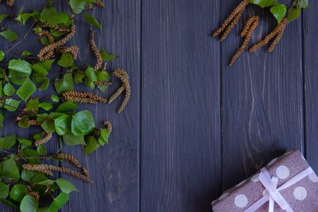 Spring background with birch branches on a gray wooden background with a place for inscription. Frame for spring text.の写真素材
