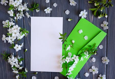 Spring mock up frame for text. Frame for text with envelope and flowers for spring promotion. Branch with cherry flowers on a gray wooden backgroundの写真素材