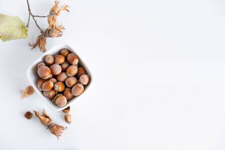 Hazelnuts in a white plate on a light wooden background with a place for inscription. Background for an inscription with hazel nuts. View from aboveの写真素材