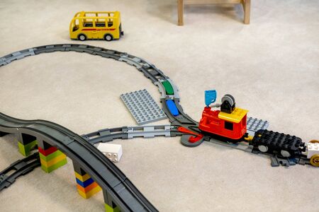 Childrens toy railway on the childrens floor. Toys for boys. Childrens leisure clubの写真素材