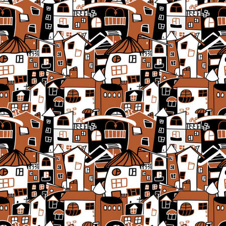 Vector seamless pattern with hand-drawn houses. Densely drawn houses on the pattern. Creative three-colored houses. Megapolisのイラスト素材