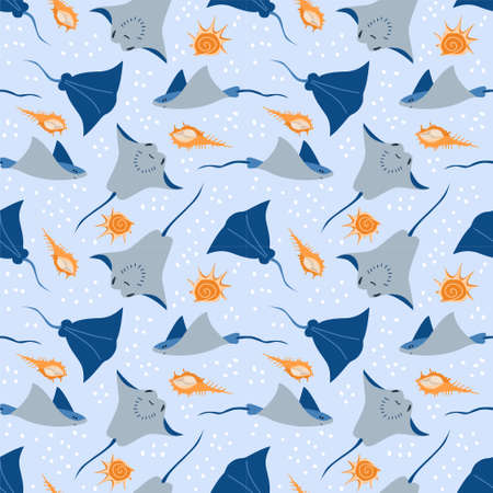 Vector seamless marine pattern with cartoon stingrays and shells. Childrens vector pattern on the...