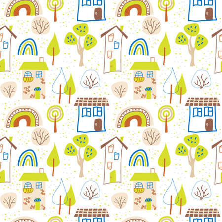 Funny childish drawing of houses, trees and rainbows on a white background. Seamless vector pattern with houses for childrens textiles and wallpaper on the wallのイラスト素材