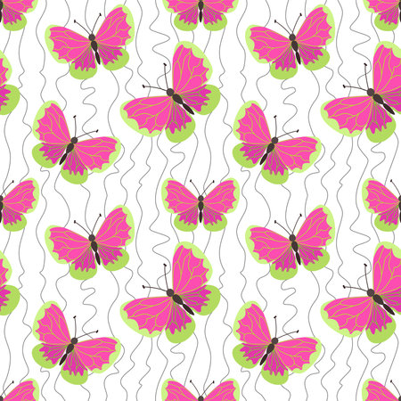 Vector creative seamless pattern with butterflies and winding lines. Beautiful bright cute butterflies of pink and green color. Tropical butterfliesのイラスト素材