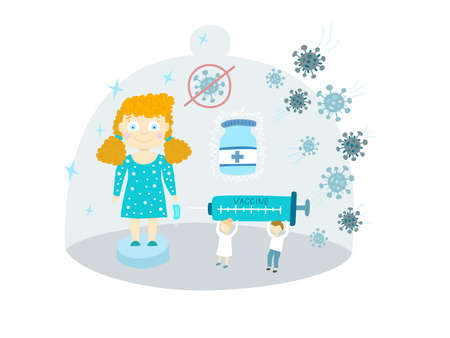 Conceptual vector illustration on the topic of childhood vaccination. Vaccination of children and health improvement. Vaccinations for children to protect against virusesのイラスト素材