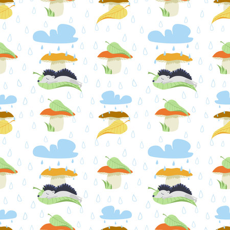Vector autumn seamless pattern with mushrooms, hedgehog character, leaves, clouds and raindrops. A cute hedgehog sleeps under a mushroom in the rain. Autumn theme for printing on fabricのイラスト素材