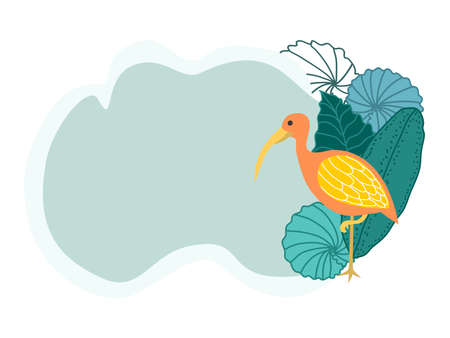 Frame for text with a cute heron and palm leaves on a white background. Childrens quote with a bird.のイラスト素材
