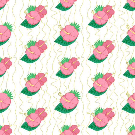 Vector seamless pattern with hibiscus flowers and palm leaves. Tropical flower pattern for printing on fabric. Floral print for wrapping paperのイラスト素材