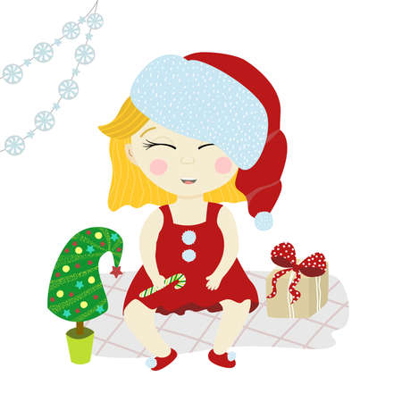 Vector character of a girl in a New Years cap. Child with a gift near the Christmas tree. Illustration of joy of new year holiday and christmas for kidsのイラスト素材