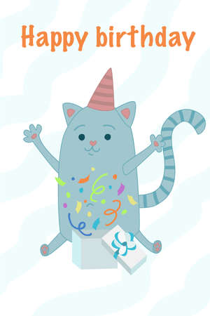 Greeting card for the birthday of a child and an adult with a cute cat. Cheerful character of a hand-drawn catのイラスト素材