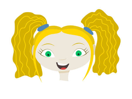 Hand-drawn head of a 9-year-old girl with blond hair, green eyes and light skin. Vector illustration of a little girl. Funny head of a girl in flat styleのイラスト素材
