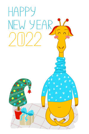 Cute giraffe in a sweater with a Christmas tree. New Years greeting card for 2022 with greeting lettering. New Year card for printingのイラスト素材