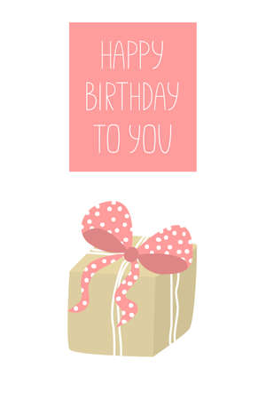Birthday card. Vector illustration of a box with a gift and a greeting inscription Happy Birthday. Printable greeting card templateのイラスト素材