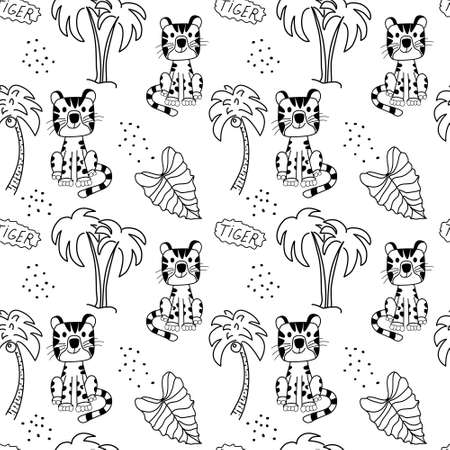 Seamless vector simple black and white pattern. Cute tiger and palms drawn in doodle style. Pattern for printing on wallpaper and fabricのイラスト素材