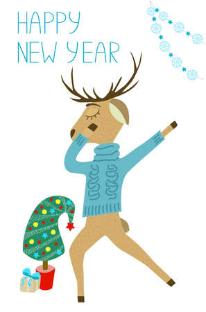 Happy new year greeting card. Cute dancing deer in a sweater with a gift and a New Year tree. Printable Christmas card templateのイラスト素材