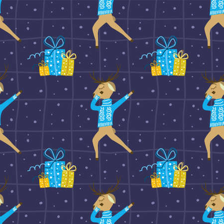 Vector seamless Christmas pattern with cute dancing deer in a sweater and New Years gifts on a blue background. New year vector pattern with deerのイラスト素材