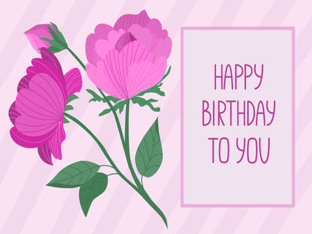 Vector greeting card with a branch of a rose and the inscription Happy Birthday in pink. Happy birthday greeting card template for girl. Postcard banner for mailingのイラスト素材