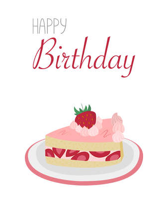 Piece of birthday cake on a happy birthday greeting card. Birthday card with printable cake. Vector illustration of sweetsのイラスト素材
