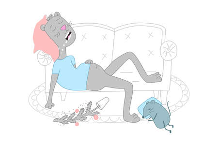 Rest after the new year. The cat and the mouse are sleeping after the New Years celebration. Comic cat.のイラスト素材