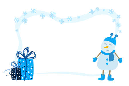 Greeting card template with snowman and gift box. Vector new year banner.のイラスト素材