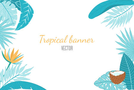 Vector tropical banner. Hand drawn palm leaves and tropical flowers and coconut. Floral frame for text and inscriptions with leaves and flowers.のイラスト素材