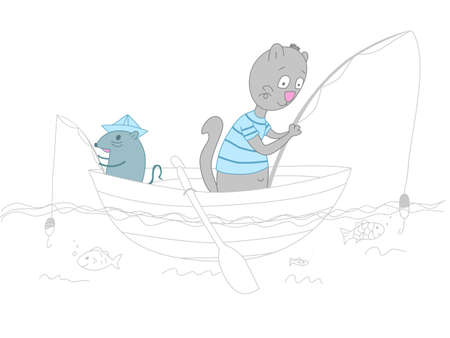 Cartoon cat fishing. Vector illustration of a cat and a mouse who are fishing in a boat on the water. Friends have a good time fishing together. Rest after work and vacationのイラスト素材