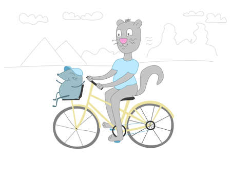 Cat rides a bike cartoon vector comic illustration. The cat is carrying a mouse on a bicycle. Summer fun of friends in nature. Animal travelのイラスト素材
