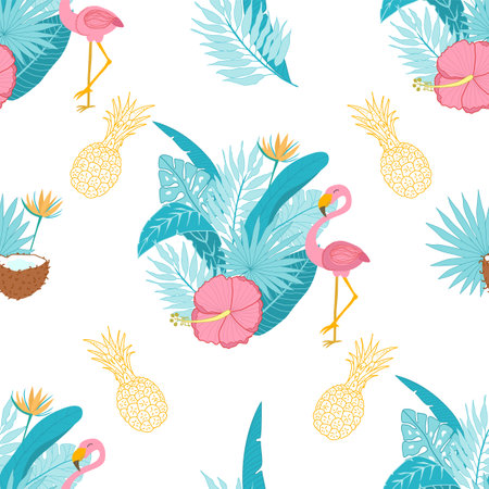 Vector seamless pattern with flamingos, tropical leaves, coconut and pineapple on a white background. Tropical exotic print for clothing and notebook printing.のイラスト素材