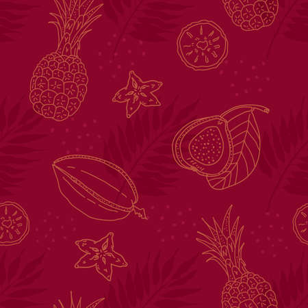 Tropical pattern with fruits and palm leaves. Seamless vector pattern with tropical palm leaves and doodle fruits. Pineapple, starfruit, guava.のイラスト素材