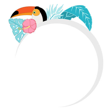 The frame for the text is round. Tripic vector frame for lettering with palm leaves, flower and toucan on a white background. Background for text with tropical birdsのイラスト素材
