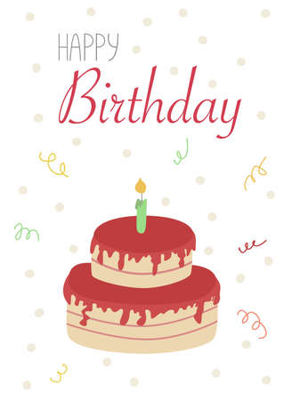 Birthday card. Vector illustration of a birthday cake in cartoon style on a white background.のイラスト素材
