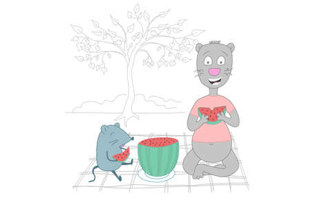 Cartoon cat and mouse eating watermelon at a picnic. Summer pastime for friends. Picnics in nature comic. Animal print to printのイラスト素材