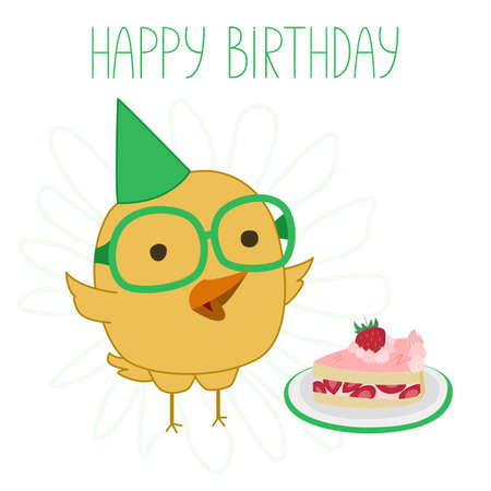 Creative birthday card. Vector illustration of a chicken wearing glasses, a birthday cap and with a piece of birthday cake. Greeting card with little chicken on a white background for printingのイラスト素材