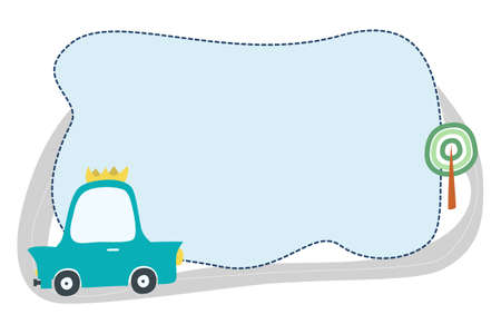 Frame for text with a car. Vector cute car that drives on the road. Box for text with a car. Baby frame for lettering for printingのイラスト素材