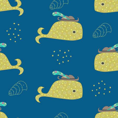 Vector seamless oceanic pattern. Stylish cartoon whale in a hat with a feather and shells on a dark background Childish cute marine pattern for printing on wallpaper and fabricのイラスト素材