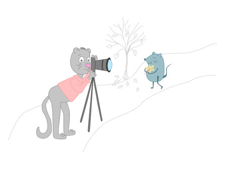 Autumn photo session in the park. Vector illustration of a cartoon cat taking pictures of a mouse. Concept about spending time in autumnのイラスト素材