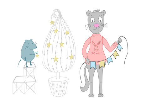Preparing for the new year. Vector illustration of cartoon cat and mouse that decorate the Christmas tree.のイラスト素材