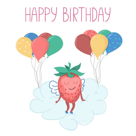 Birthday card in cartoon style. Greeting card with strawberry character on a cloud and balloons. Postcard template for printing, sending by mail and publishing on the siteのイラスト素材