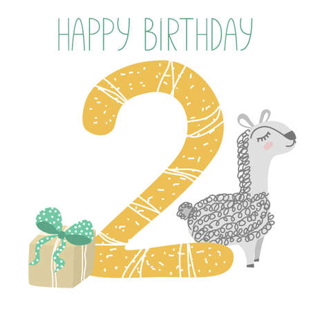 Two years. Baby birthday card in cartoon style. Printable number 2 birthday postcard template. Cartoon character llama, gift box and number twoのイラスト素材