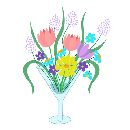 Bouquet of wild flowers in a glass. Hand drawn vector illustration of a congratulatory bouquet of flowers in a vase.のイラスト素材
