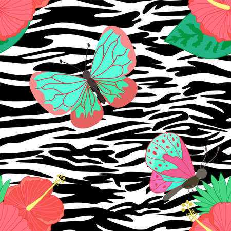 Pattern with butterflies and zebra skin. Vector seamless pattern with animal print imitation. The template for the cover fabric, books.のイラスト素材