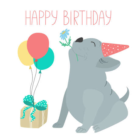 Birthday card with a dog. Vector illustration of a dog character holding a flower in his teeth, box gift and balloons. Printable square format greeting cardのイラスト素材